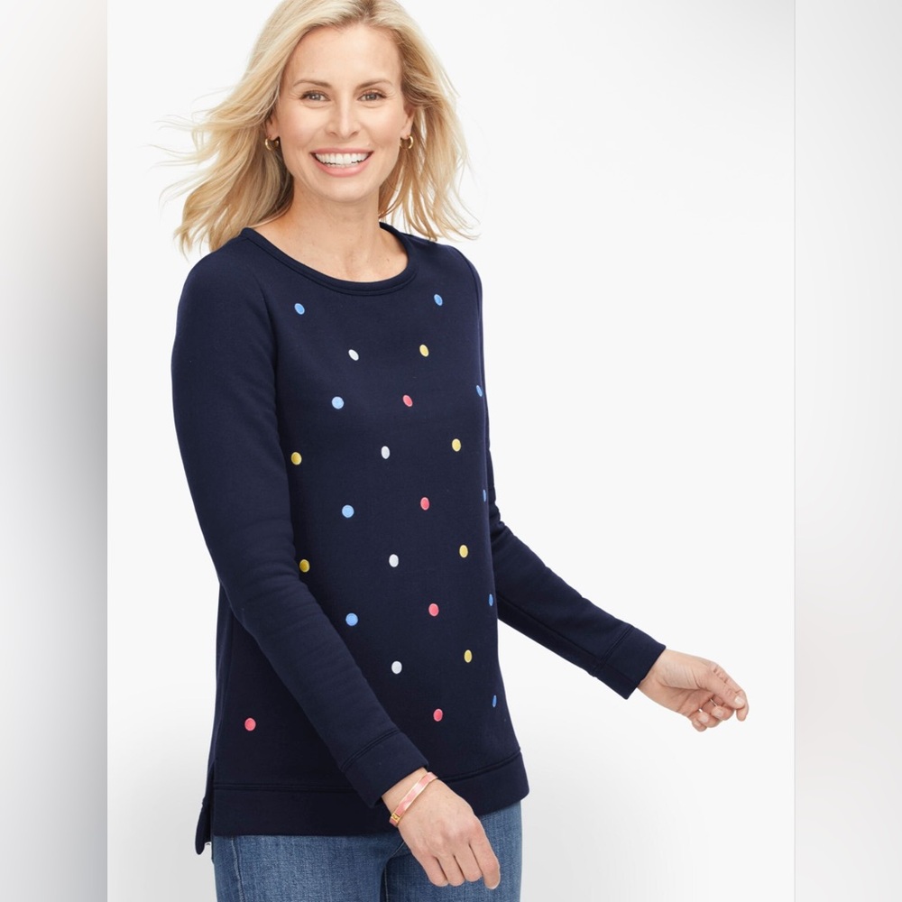 Talbots French Terry Embroidered Polka Dot Sweatshirt Navy Multicolor LP